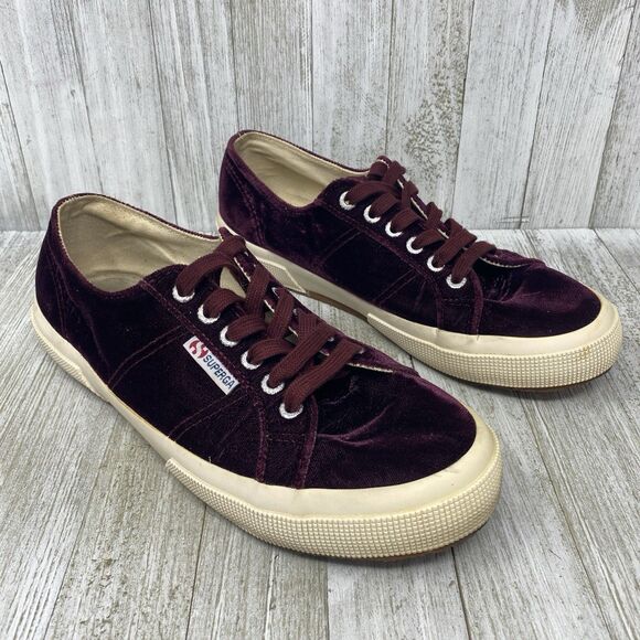 Superga Shoes - Superga Velvet Sneakers Women's 8.5 Mens 7 Lace Up Low Top Plum Burgundy Purple